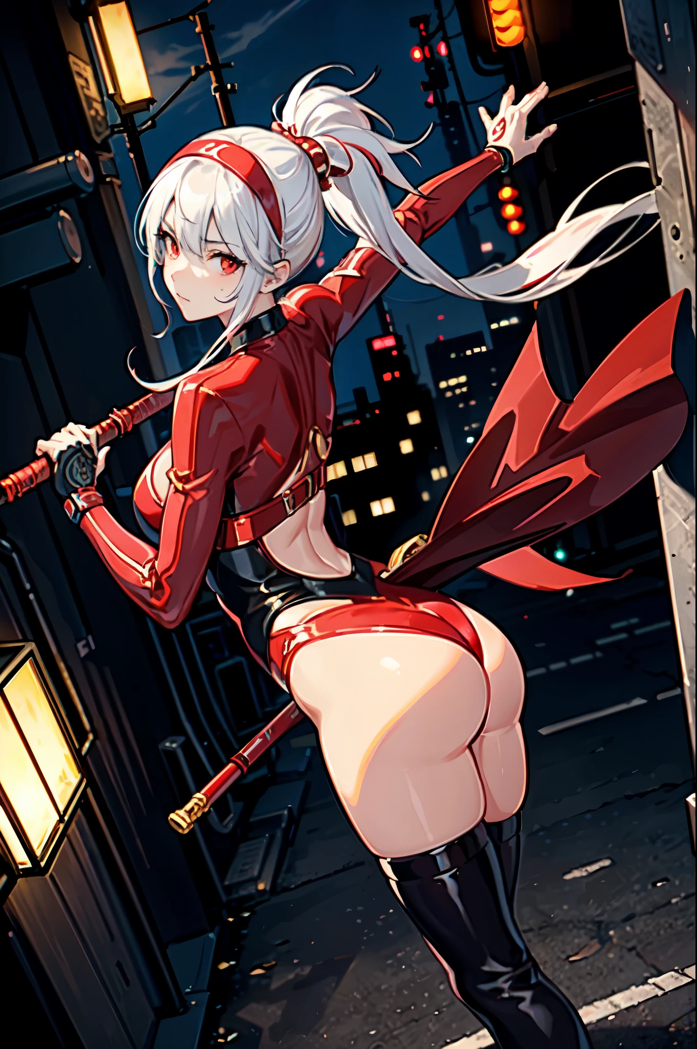 masterpiece, best quality, solo, solo focus, japanese yakuza mobster girl with a red gymnast leotard, matching boots, matching gloves, long hair, white hair, red hairband, glowing red eyes, face mask, bare legs, perfect hands, perfect anatomy, perfect proportions, (holding weapon, bo staff), facial scar, heroic, stylish, hdr, intricate details, hyperdetailed, cinematic, rim light, danger atmosphere, noir, night, cyberpunk lighting, tokyo street