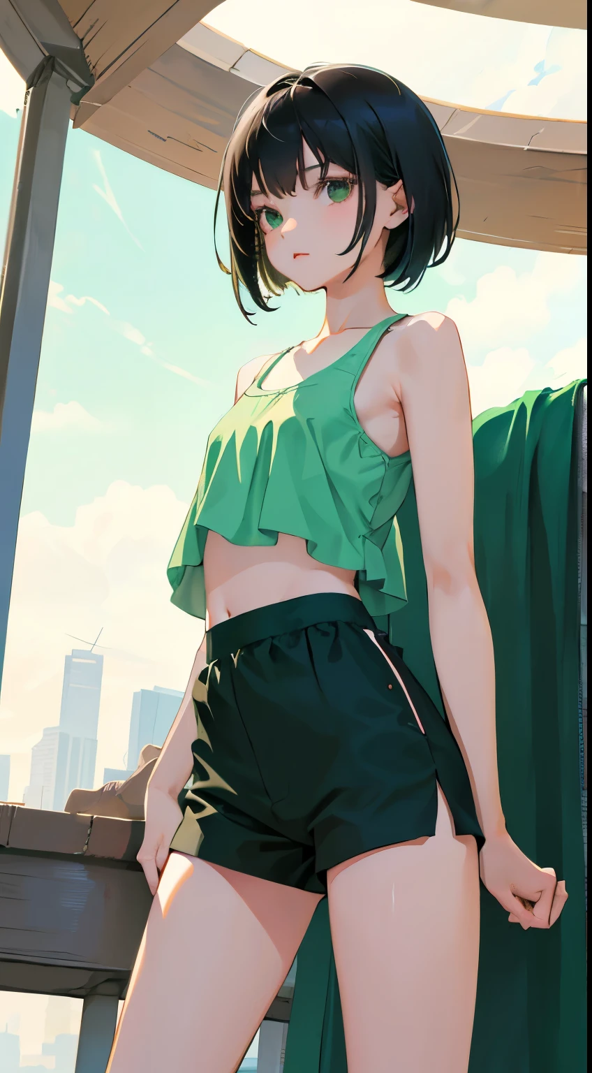 (Official art、Best Quality、Unity 8k Wallpapers、32K、 masterpiece、ultra-detailliert、High resolution,Perfect Anatomy),(natural soft light:1.2),Detailed beautiful face and eyes,best cel anime,cowboy shot,Turn your body to the viewer、Look at viewers、20-year-old beauty、japanes、(short bob hair),black hair,black eyes,smile,((smaller head:1.2,skinny:1.1,ideal ratio body proportions:1.2),tiny breast,gleaming skin,((punk fashion:1.1)Tank tops、、a miniskirt,Bustling street、
