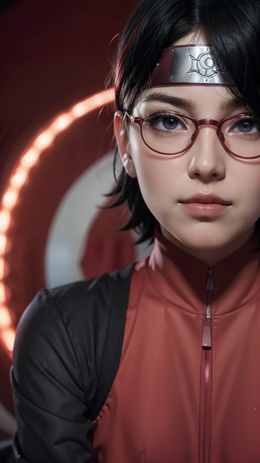 (best quality, high-res, realistic:1.2), Sarada Uchiha, short hair, detailed eyes, detailed lips, glasses, vibrant colors, dynamic pose, mid-action, Uchiha crest, sharingan activated, intense lighting, anime style