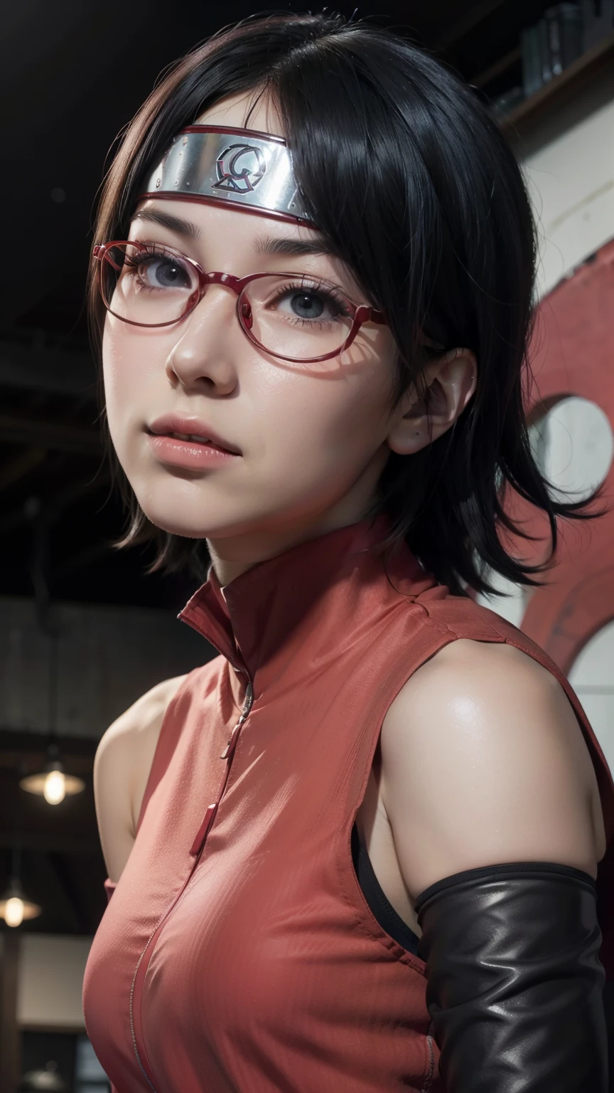 (best quality, high-res, realistic:1.2), Sarada Uchiha, short hair, detailed eyes, detailed lips, glasses, vibrant colors, dynamic pose, mid-action, Uchiha crest, sharingan activated, intense lighting, anime style