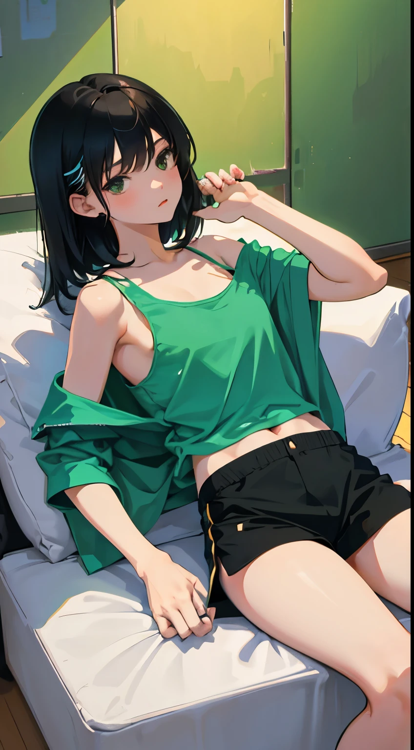 (short cute girl, young studeg delicate girl),(masterpiece,Top quality),Tank top,Green shorts,short sleeve,long black hair,sleepy