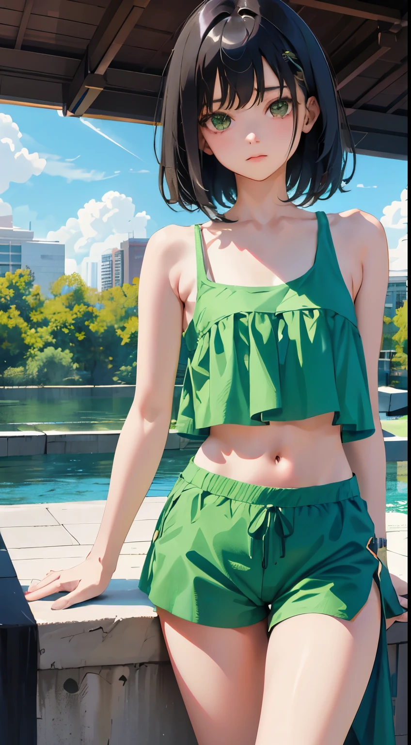 girl, short brown hair, skimpy dark green bikini, standing under a maple tree