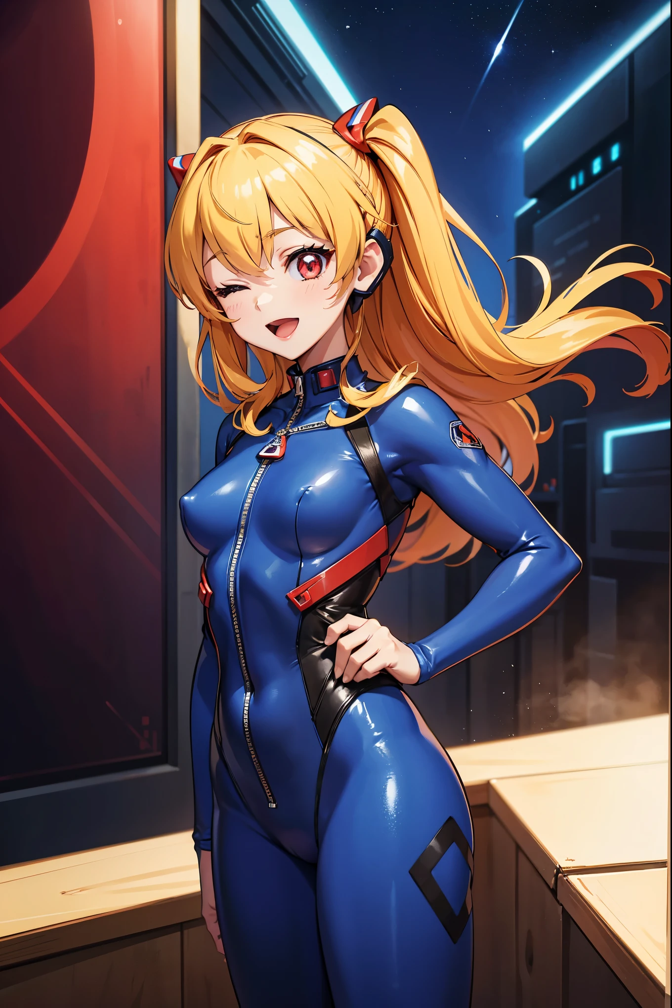 (Overhead view),dynamic angle,ultra-detailed, illustration, close-up, straight on, 1girl, 
 ((souryuu asuka langley, interface headset, Look at viewers、Hero Suit、body suit、tight suits、(nffsw :1.0), Blue Ultraman Bodysuit, blonde)),Her eyes shone like dreamy stars,(glowing eyes:1.233),(beautiful and detailed eyes:1.1),(expressionless),(standing), Spell of the Last（prompt）
(masterpiece, best quality, ultra high res, perfect anatomy, extremely detailed),
BREAK,
1girl,
,
red eyes,
twintails,
black hair,
very large ribbon in hair,
idol costume,
BREAK,
(finger pointing),
(full face),
one eye closed,
(open mouth),
glow eyes,
smile,
stage light,
(mechanic room with toolsand spaceship windowin a white SPACESHIP),
(night:1.2),dreamy, [[delicate fingers and hands:0.55]::0.85],(detail fingers),