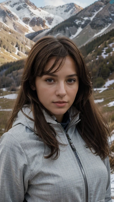 top quality, masterpiece, ultra high resolution, (Photorealistic: 1.4), RAW photo, 1 girl, brown-haired, age 30 years, Mountains, skiing, full length girl, landscape