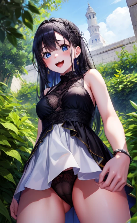 highest quality, masterpiece, from below, Girl with long black hair, White sleeveless short dress with black lace on the chest, looking at the viewer, panties, garden, enchanting smile, open your mouth,