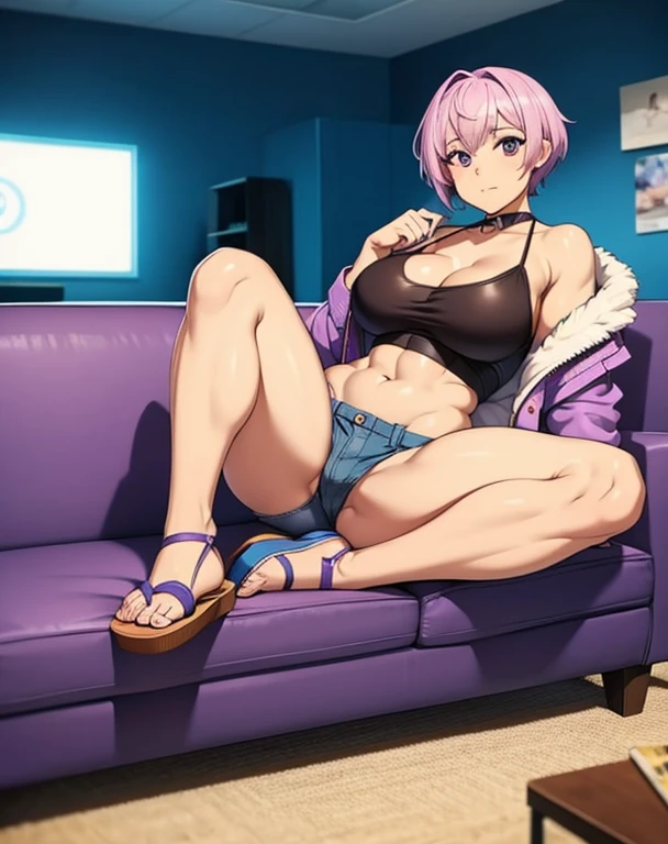 Woman, sandals, skimpy clothes, jacket tight shorts, living room, couch, short hair, arco de cabelo, lilac hair 