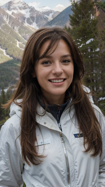 top quality, masterpiece, ultra high resolution, (Photorealistic: 1.4), RAW photo, 1 girl, brown-haired, age 30 years, Mountains, skiing, full length girl, landscape, laughs