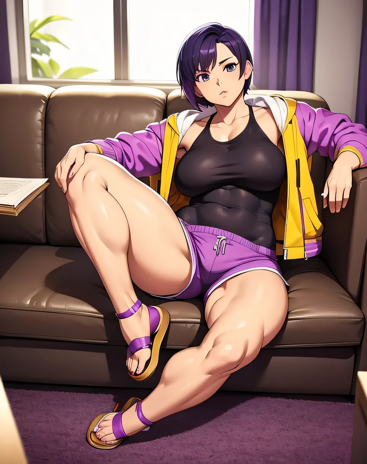 Woman, sandals, skimpy clothes, jacket tight shorts, living room, couch, light purple short hair, hair acessories