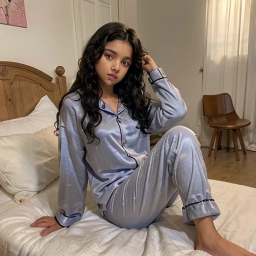 14 year old girl black curly hair blmcs in pajamas. Acostada, ojos abiertos y con el pecho semi expuesto