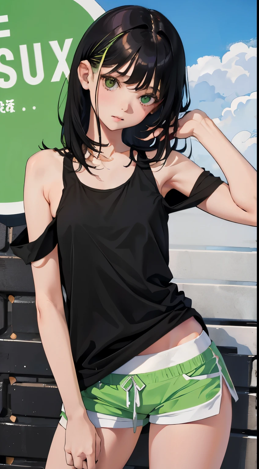 (short cute girl, young studeg delicate girl),(masterpiece,Top quality),Tank top,light green shorts,short sleeve,long black hair,sleepy