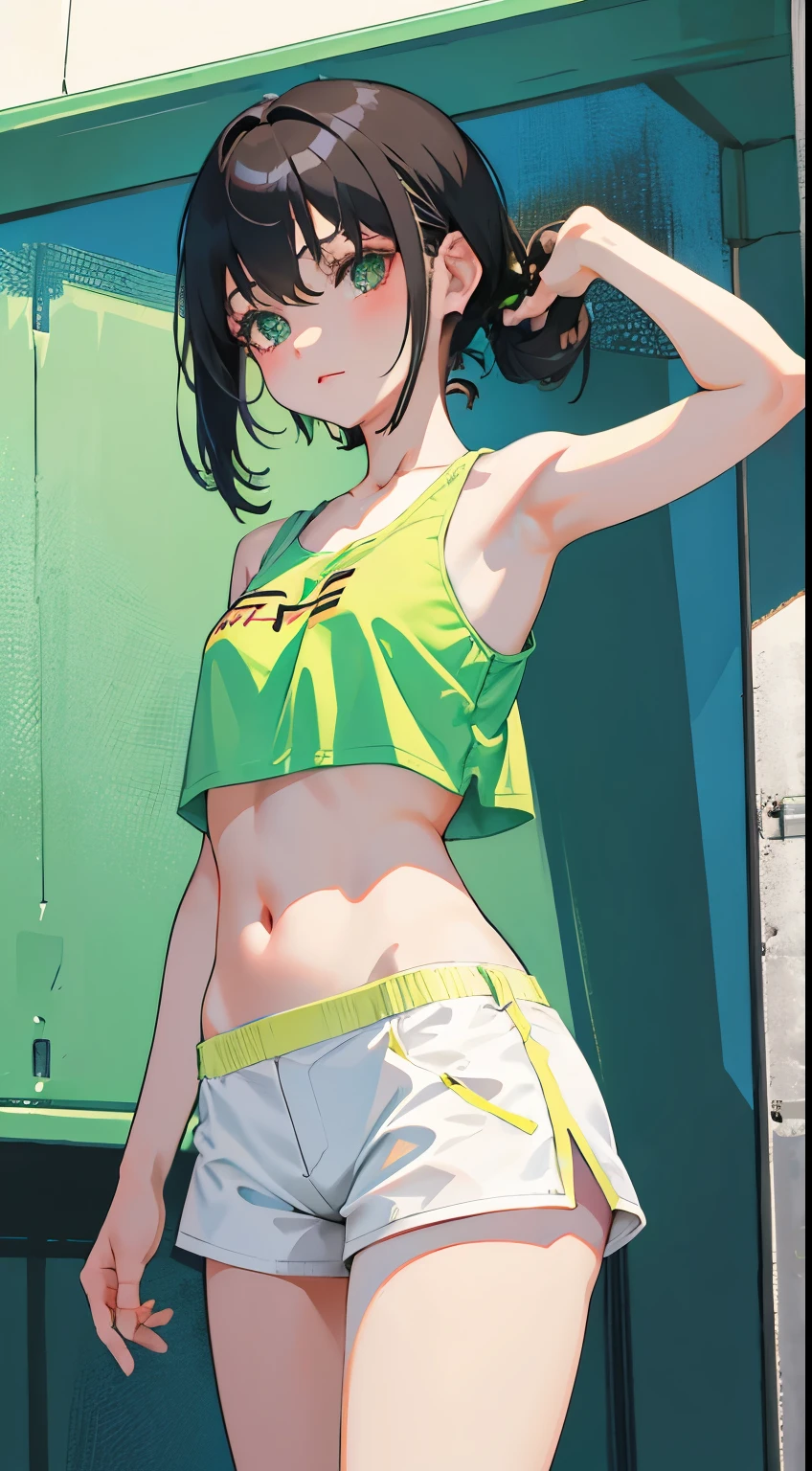 Under the legend,Chara,Teenage girl,sexy for,green color,short crop top,hot pant,Stalling's gull body standing painting,lacivious pose,with short brown hair,The face is red,Underwear model,lust,Hand repair,the detail,X-rated, The clothes ar,k hd,no underwares,ssmile, television show,Upturned buttocks,out your tongue,Playful