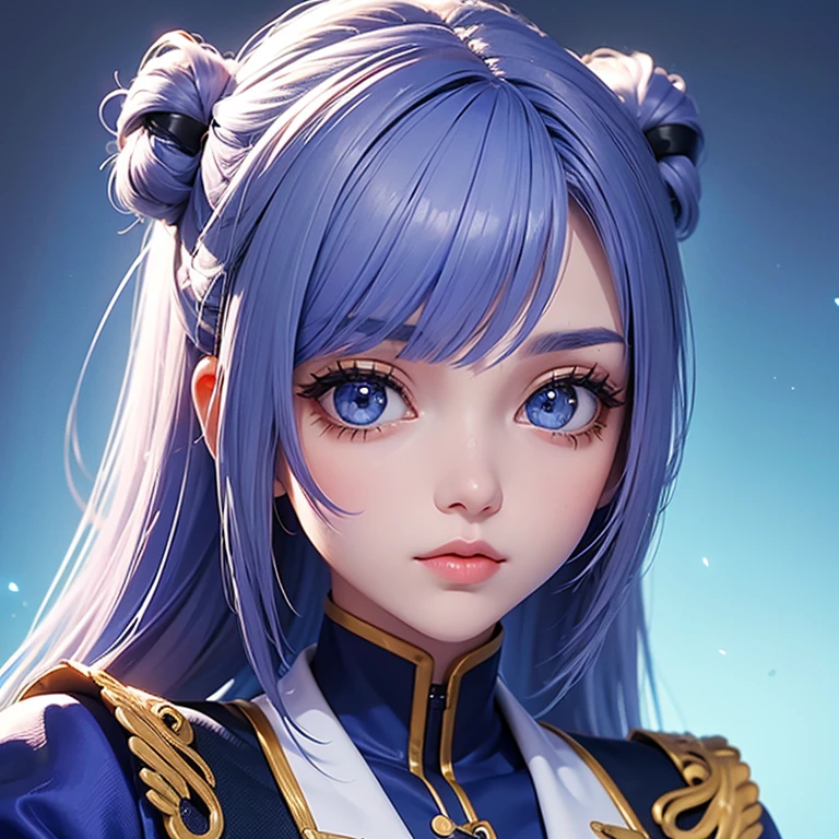 (Menina 2d) (bonita) (cabelo branco) (olho esquerdo vermelho) (olho direito azul) (corajosa) (foco no rosto) (uniforme militar roxo)