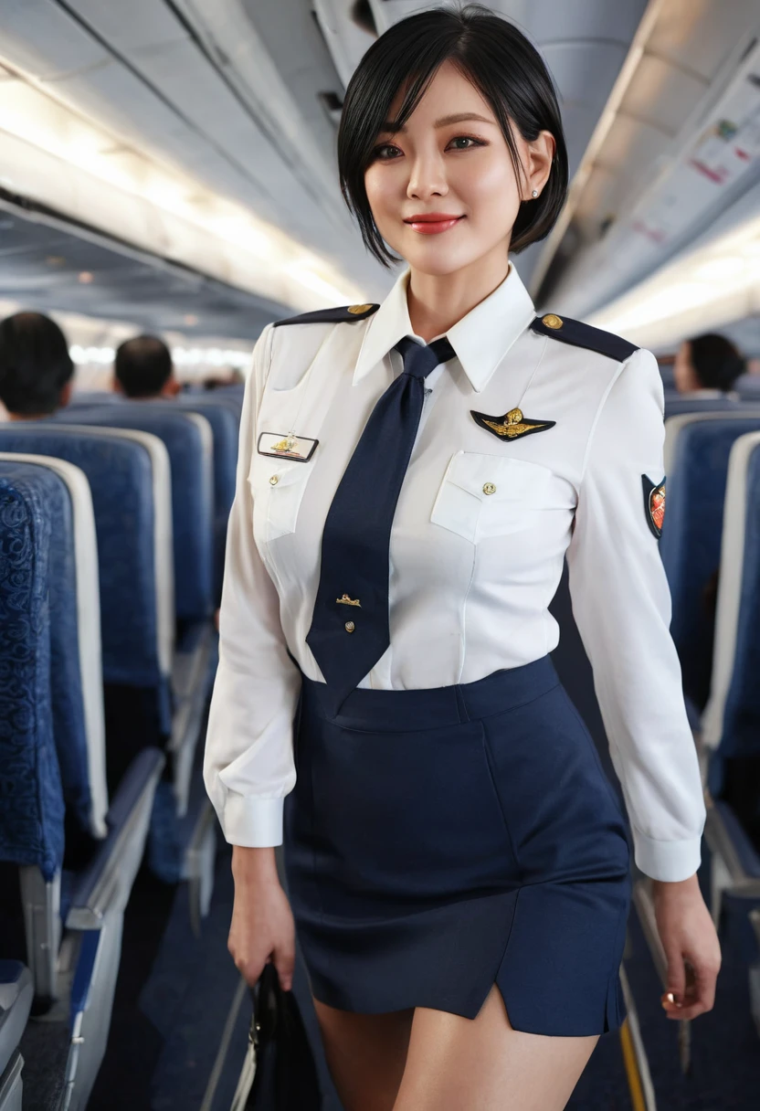 1 female, 40 years、very detailed顔、lip details、detailed eye、double eyelid、(black short hair，Walk slowly down the aisle with a smile on your face)、(stewardess uniform:1.2)、(slender body)、(flat chest),thighs thighs thighs, Exactly, perfect image realism, With background: (airplane business class aisle:1.2), cowboy shot, 詳細なWith background, detailed costume, perfect lighting、hyper realism、(Photoreal:1.4)、8K maximum resolution, (masterpiece), very detailed, Professional