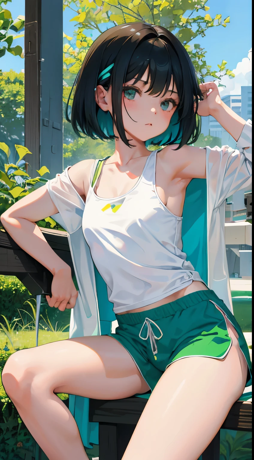 (short cute girl, young studeg delicate girl),(masterpiece,Top quality),Tank top,light green shorts,short sleeve,long black hair,sleepy