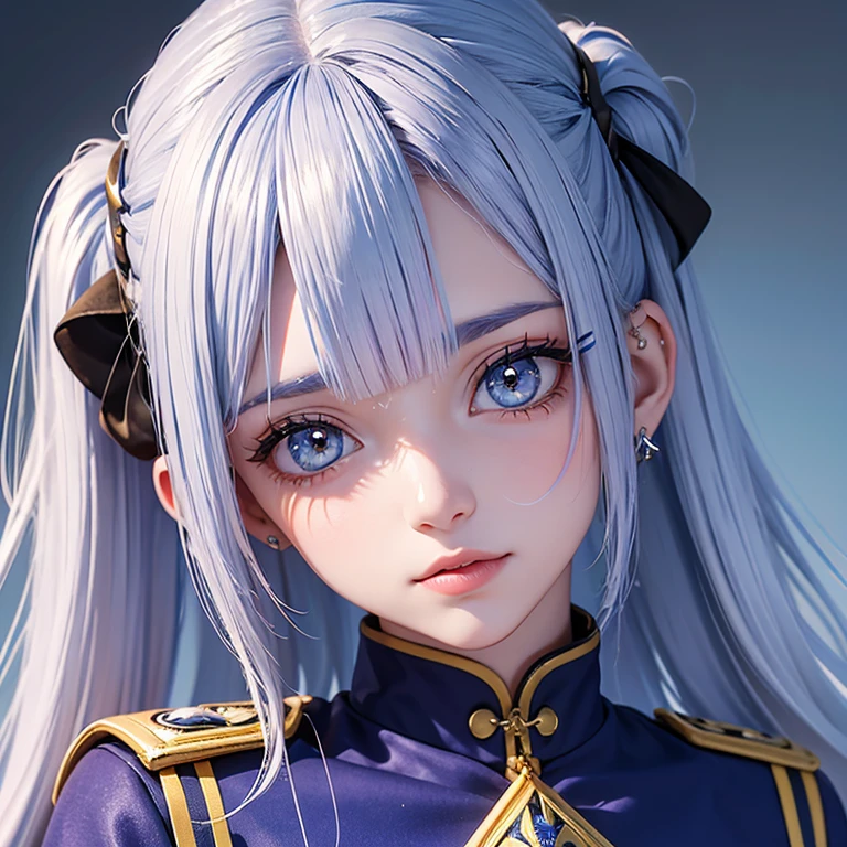 ( 2d) (bonita) (cabelo branco) (olho esquerdo vermelho) (olho direito azul) (corajosa) (foco no rosto) (uniforme militar roxo) (heterocromia)