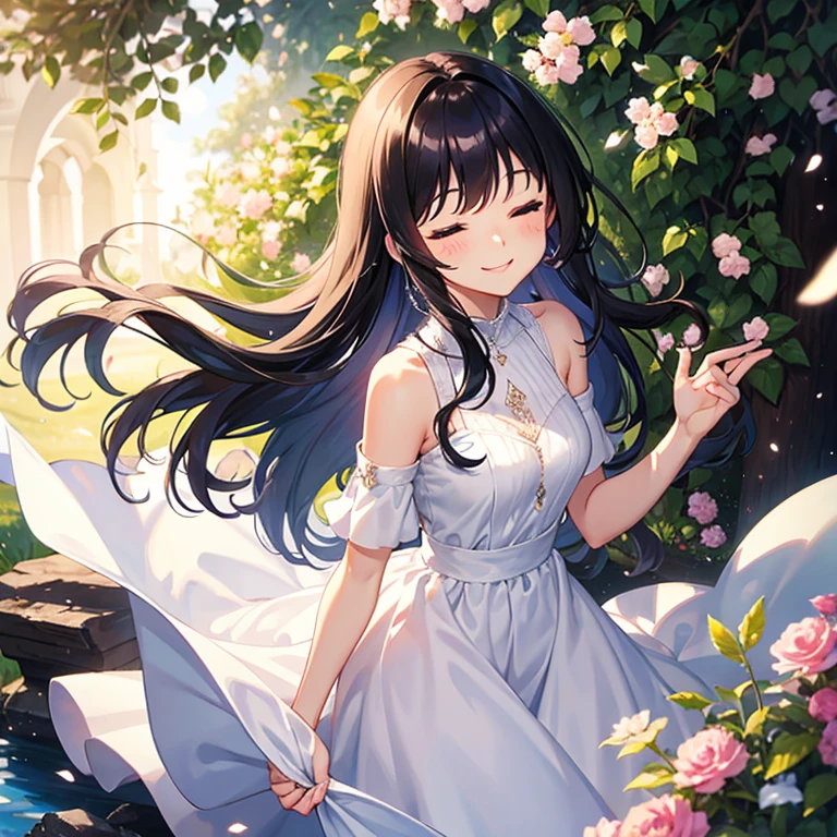 (masterpiece, best quality:1.6), white lace dress, cowboy shot, thighs, beautiful girl, (flowers, many small white petals:1.3), garden, blue sky, looking at viewer, small waist, official art, raw photo, incredibly absurdres, facelight, dynamic lighting, cinematic lighting, ultra realistic, highres, photography, sharp focus, highest detailed, extreme detailed, ultra detailed, finely detail, extremely detailed eyes and face