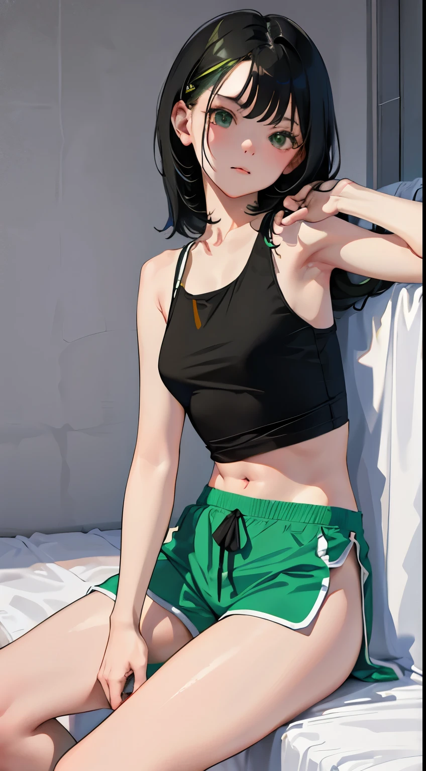 (short cute girl,small young student,young delicate girl),(masterpiece,Top quality),Tank top,Green shorts,short sleeve,long black hair,sleepy