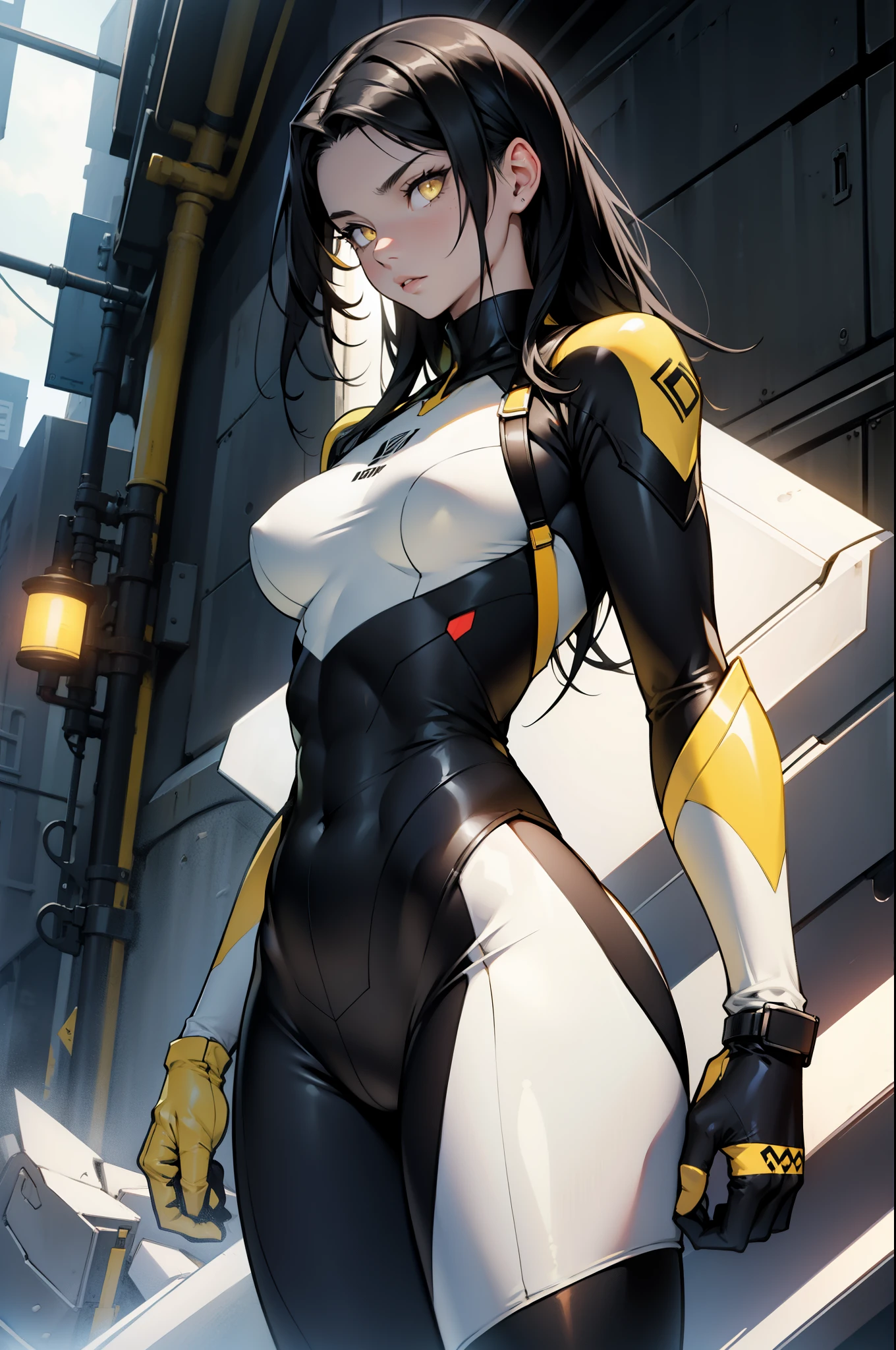 1 girl, black hair, yellow eyes, very long hair, pale skin, curvy, bodysuit