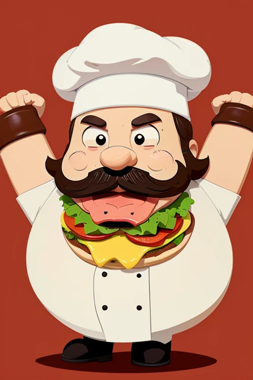 in the form of a hamburger cartoon design with legs, spotted and strong arms with eyes, mouth and mustache and a chef's cap