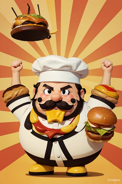 in the form of a hamburger cartoon design with legs, spotted and strong arms with eyes, mouth and mustache and a chef&#39;s cap