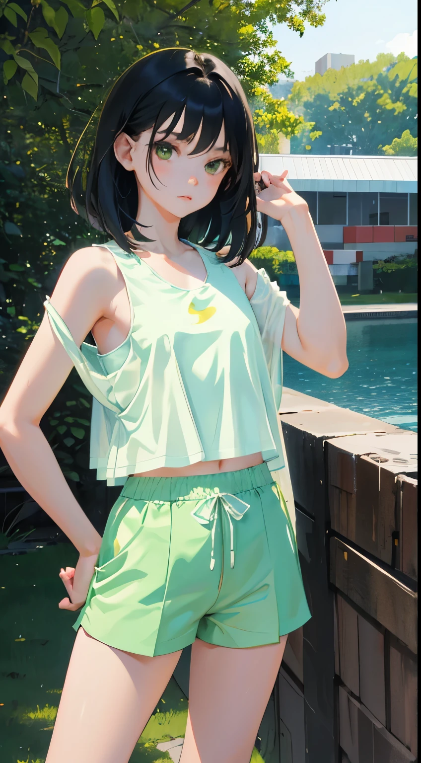 (1girl:1.3), Solo, _ Kim Ji-ni Jennie Face, wearing yellow camisole vest, short, light green sports shorts, sexy, cute, white socks, background campus, full body photo, looking at the audience, world-weary face, cold eyes, Korean style photo photos, photography lighting, strong contrast, sunlight on the face, world-weary face, high-end sense, 8k resolution image, intricate symmetrical details. Smooth action, full picture.