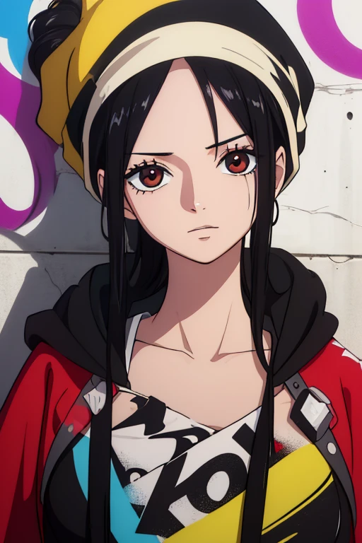 (best quality,4k,8k,highres,masterpiece:1.2), ultra-detailed, Animated, girl, mature face, long black hair, brown eyes, black hair, graffiti, girl graffer, durag, cool girl, flat, spraypaint 