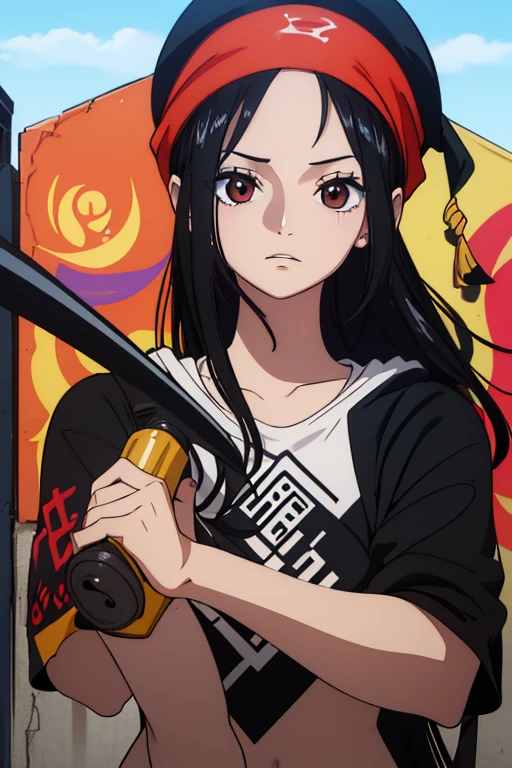 (best quality,4k,8k,highres,masterpiece:1.2), ultra-detailed, Animated, girl, mature face, long black hair, brown eyes, black hair, graffiti, girl graffer, durag, cool girl, flat, spraypaint