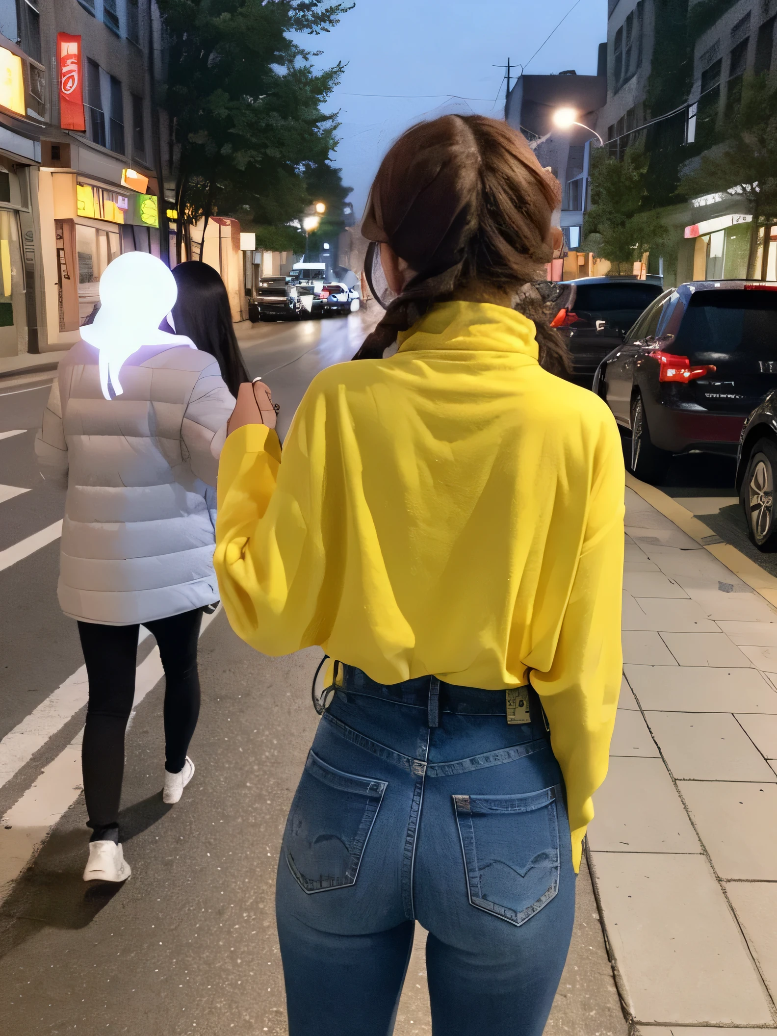 (((Girl holding a ghost's hand on the street, from far distance, and from behind))), ((Best quality, 8k, Masterpiece :1.3)), full body, 1 adorable girl with a friend, youthful, (long hairstyle), tomboy outfit :1.aesthetic photo taken with a tripod, big bust, picture outdoor, night time midnight, picture with winter jacket, poor lightning, hair tied up, a long yellow frontlock, muscular