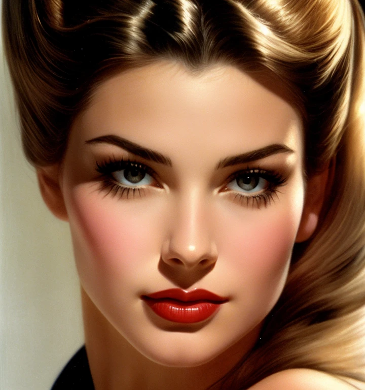 1970s,by Alberto Vargas,(Best quality, work of art), ultra-detailed and delicate portrait of a beautiful and timeless girl,noir woman, sultry eyes, closeup, style of Rolf Armstrong, light and shadow,charge of face,sexy face, beautifull nose, make different hair, make variations female noses,woman of  Italy