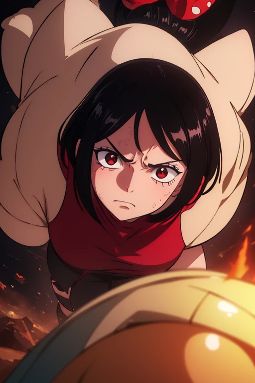 (best quality,4k,8k,highres,masterpiece:1.2), ultra-detailed, Animated, girl, mature face, long black hair, brown eyes, black hair, short hair, Fighting scene, determined, punc, angry face, red face, smashing an ennemy, huge power punch