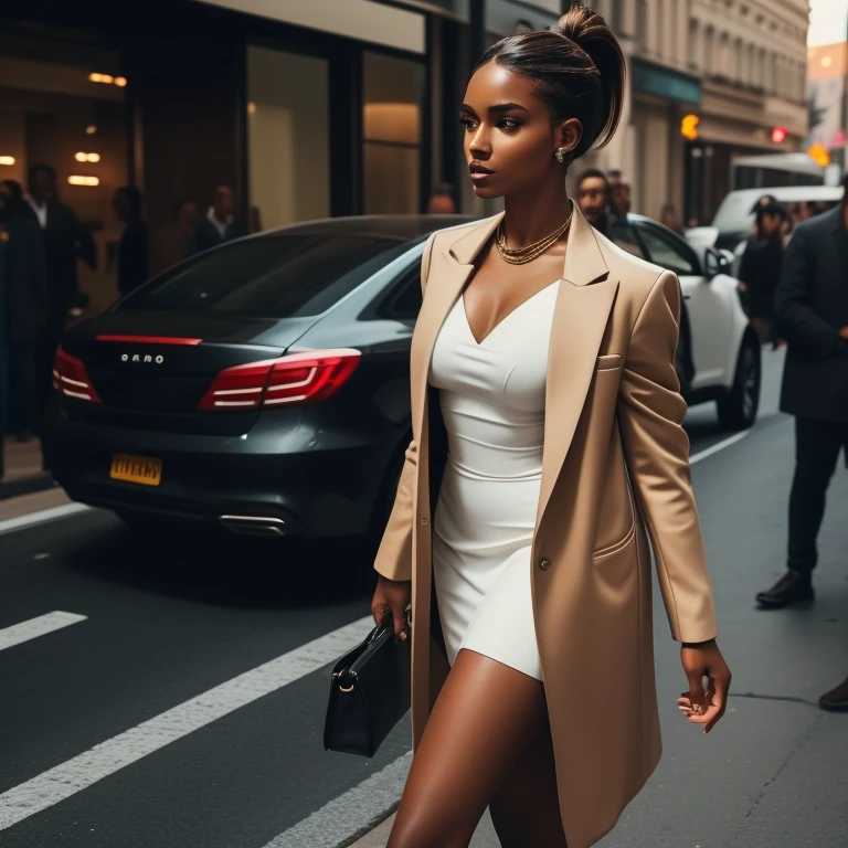 A beautiful brown youthful melanin woman with perfect hair slicked back in a long pony tail standing at a busy street wearing a beige blazer dress and Givenchy boots , detailed image ,Instagram influencer pose, trendy ,model, ,hyperdetailed, hyper-detailed, UHD, iphone