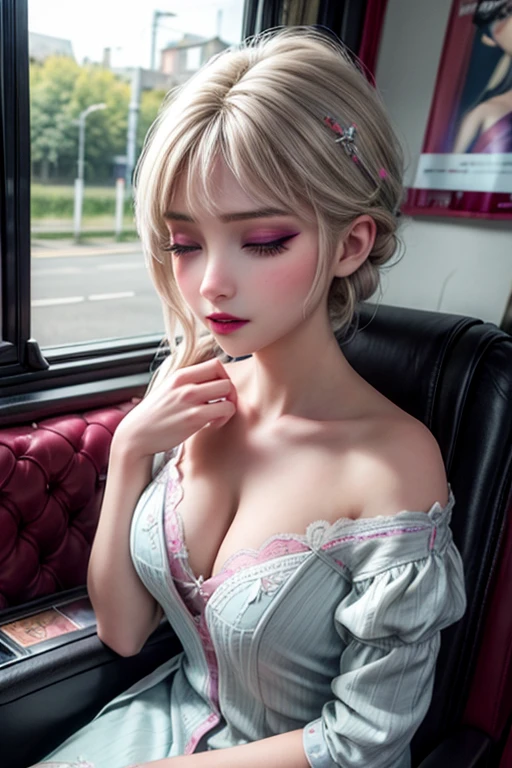 1 belle femme, Cheveux de Lond,cheveux multicolores,habillé en sous-vêtements sexy 1 pièce, painted eyelids, chemise blanche, veste de cuir, eyes closed, long cils, makeup face, dormir la bouche ouverte, sleep sitting on train seats, Tout le corps,jupe