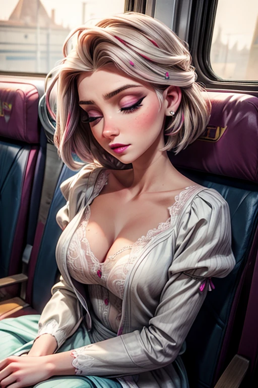 1 belle femme, Cheveux de Lond,cheveux multicolores,habillé en sous-vêtements sexy 1 pièce, painted eyelids, chemise blanche, veste de cuir, eyes closed, long cils, makeup face, dormir la bouche ouverte, sleep sitting on train seats, Tout le corps,jupe