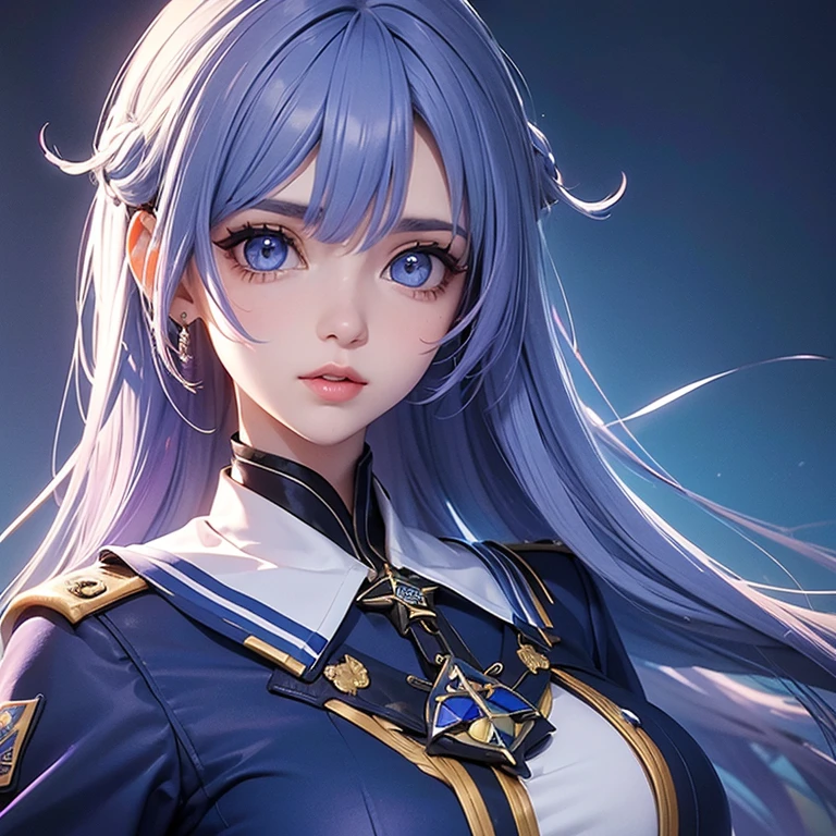 (Menina 2d) (bonita) (ela tem cabelos brancos) (ela tem heterocromia, o olho esquerdo vermelho e o olho direito azul) (corajosa) (foco no rosto) (uniforme militar roxo)
