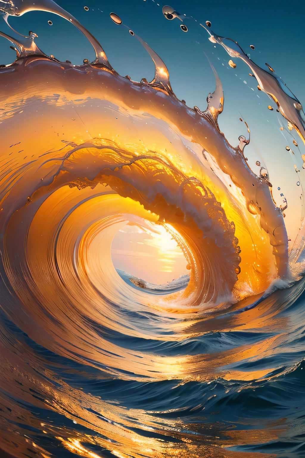 modelshoot style, (extremely detailed 8k wallpaper), a medium shot photo of a fluid, nature-inspired abstract background featuring a wave motif in warm orange, yellow, and blue tones, rendered in a serene, light beige and sky-blue color scheme, 3D fluidity, Intricate, High Detail, dramatic