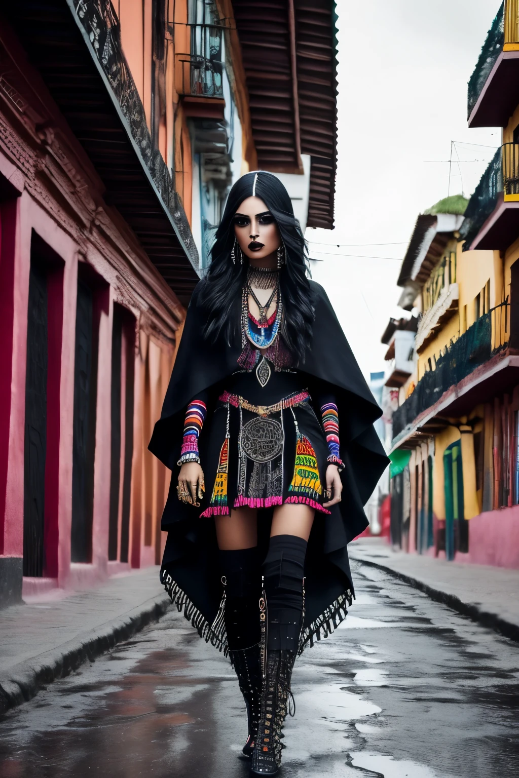 photo realistic,Bolivian girl, fusion of Bolivian traditional attire and Gothic punk style creates a unique and captivating look,colorful Woollen Poncho, The bold colors and intricate patterns of the traditional garments are juxtaposed with edgy accessories and dark accents characteristic of the punk aesthetic.,K-Eyes,dal, Background: Beautiful South American cityscape