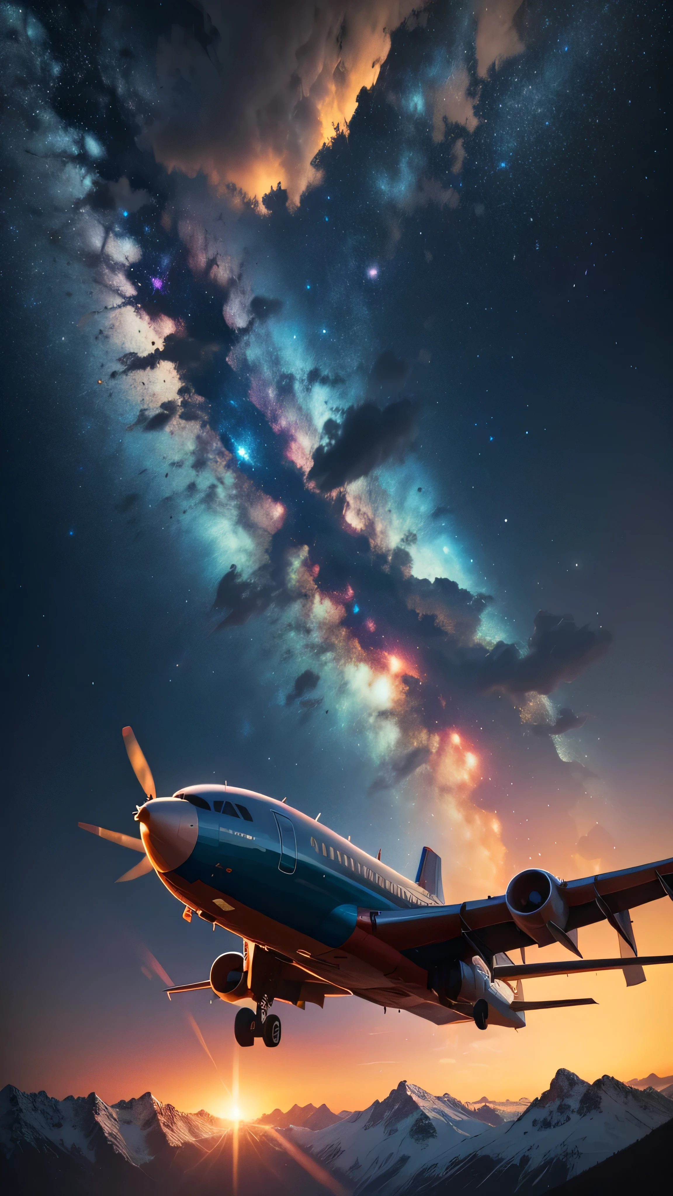 the plane was destroyed on the mountain, the plane caught fire, night sky, 8k, high quality