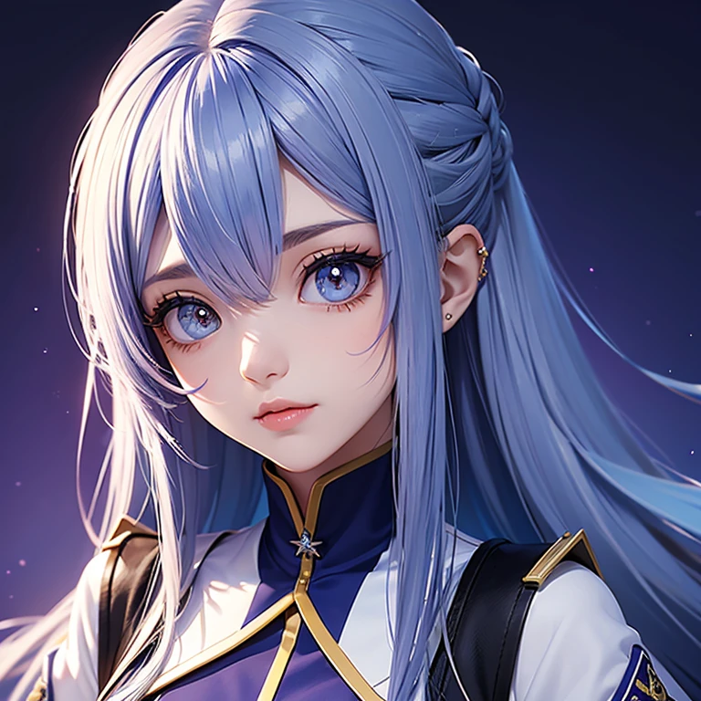 (Menina 2d) (bonita) (ela tem cabelos brancos) (ela tem heterocromia, o olho esquerdo vermelho e o olho direito azul) (corajosa) (foco no rosto) (uniforme militar roxo)