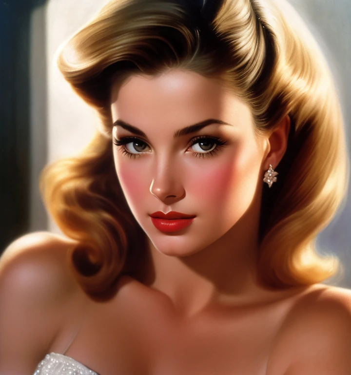 1970s,by Alberto Vargas,(Best quality, work of art), ultra-detailed and delicate portrait of a beautiful and timeless girl,noir woman, sultry eyes, closeup, style of Rolf Armstrong, light and shadow,charge of face,sexy face, beautifull nose, make different hair, make variations female noses,woman of France