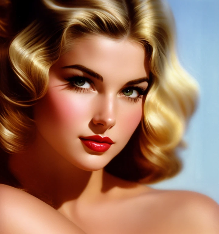 1970s,by Alberto Vargas,(Best quality, work of art), ultra-detailed and delicate portrait of a beautiful and timeless girl, woman, sultry eyes, closeup, style of Rolf Armstrong, light and shadow,charge of face,sexyce, beautifull nose, make different hair, make variations female noses,woman of France