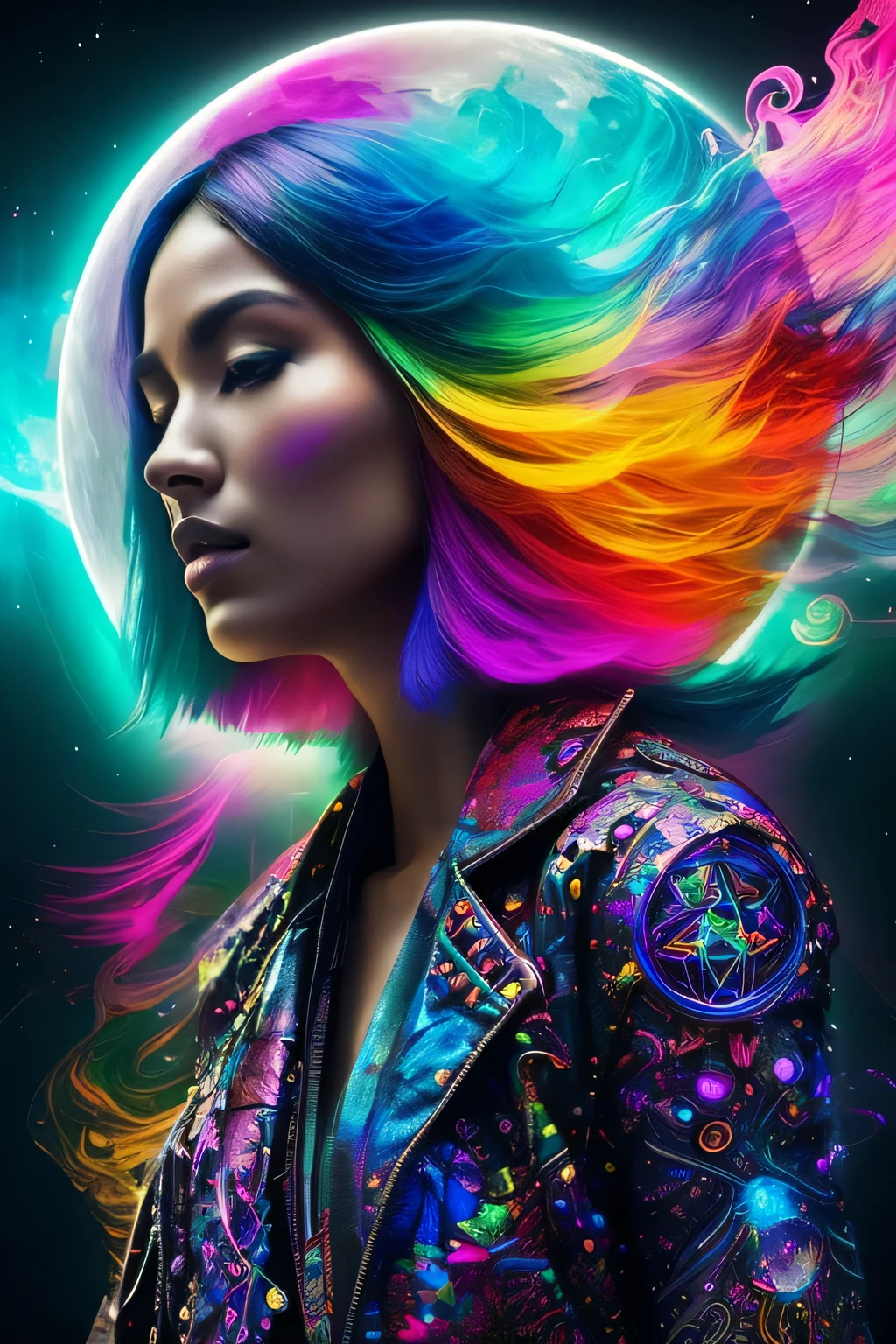 high quality, 8K Ultra HD, (((naturally interacting with the environment:1.5))),(((seamless:1.5))),((strong environmental light)),((hard shadows)),(merge realms of the extreme surreal and the toxic punk in a tapestry of dualities),enigmatic nature with ethereal silhouettes,digital dreamscape.Illuminate the scene with the pulse of a celestial bloom,(casting hues that bridge both cosmic and cybernetic realms).(Blend brushstrokes harmoniously),fusing elements of traditional artistry with glitched fragments of a pixelated mosaic. Embrace asymmetry,(where the organic and the synthetic collide in a dynamic composition). (Infuse a shifting timeless vibrant palette:1.2). Integrate augmented reality surprises. Fusion of art styles,transcend boundaries and conjure a visual symphony that harmonizes the present elements.
