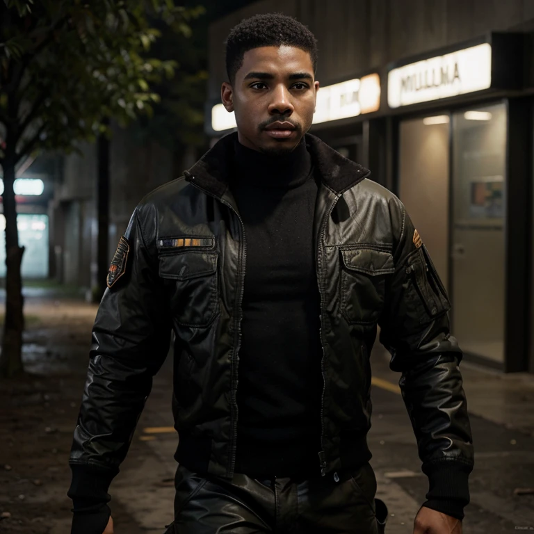 Chaqueta militar negra, Estilo-BladeRunner2049-8v:0.7, una foto realista de 1 joven negro maduro con pelo corto,miguel b. Jordan G rodilleras blancas, guantes militares sin dedos. En el bosque
