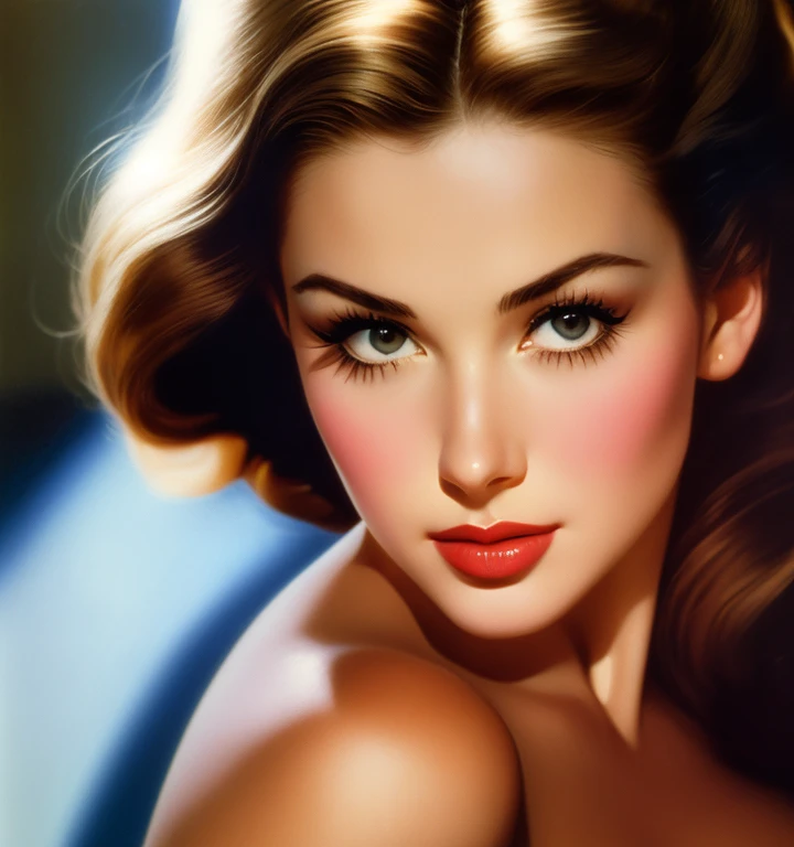 1970s,by Alberto Vargas,(Best quality, work of art), ultra-detailed and delicate portrait of a beautiful and timeless girl,noir woman, sultry eyes, closeup, style of Rolf Armstrong, light and shadow,charge of face,sexy face, beautifull nose, make different hair, make variations female noses,woman of  France