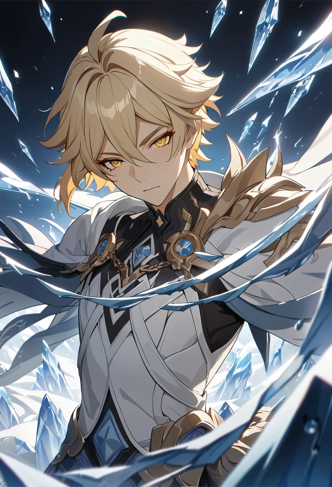 ((solo)), yellow eyes, blond hair, short messy hair, a close up of a person with a sword in a field of ice, detailed key anime art, honkai star trail character, casimir art, masamune shiro, masamune, handsome guy in demon slayer art, genshin, heise jinyao, shadowverse style, (no logos), ice, ice powers, blizzards, detailed clothes, eye reflection, depth of field, cinematic lighting, ray tracing, depth of field, cinematic lighting, ray tracing, UHD, high details, best quality, highres, high quality, award winning, super detail, masterpiece, 8k, UHD, high details, best quality, highres, high quality, award winning, super detail, masterpiece, 8k