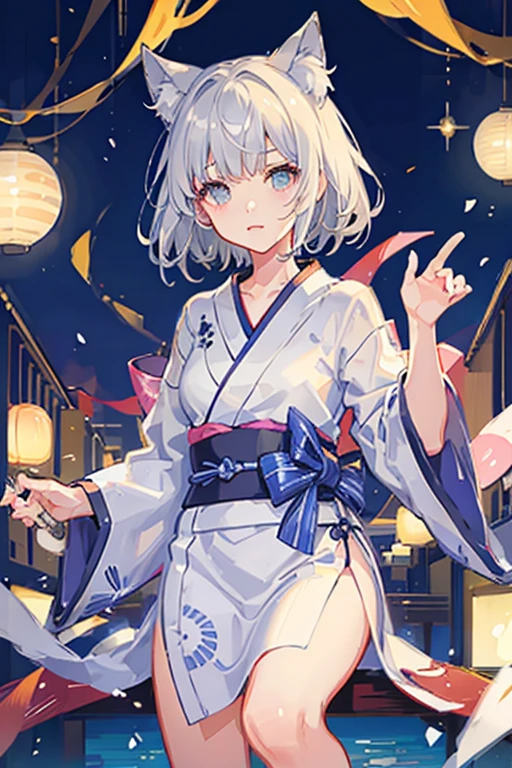 gray hair　short hair　Cat ear　girl　starry sky　yukata　festival