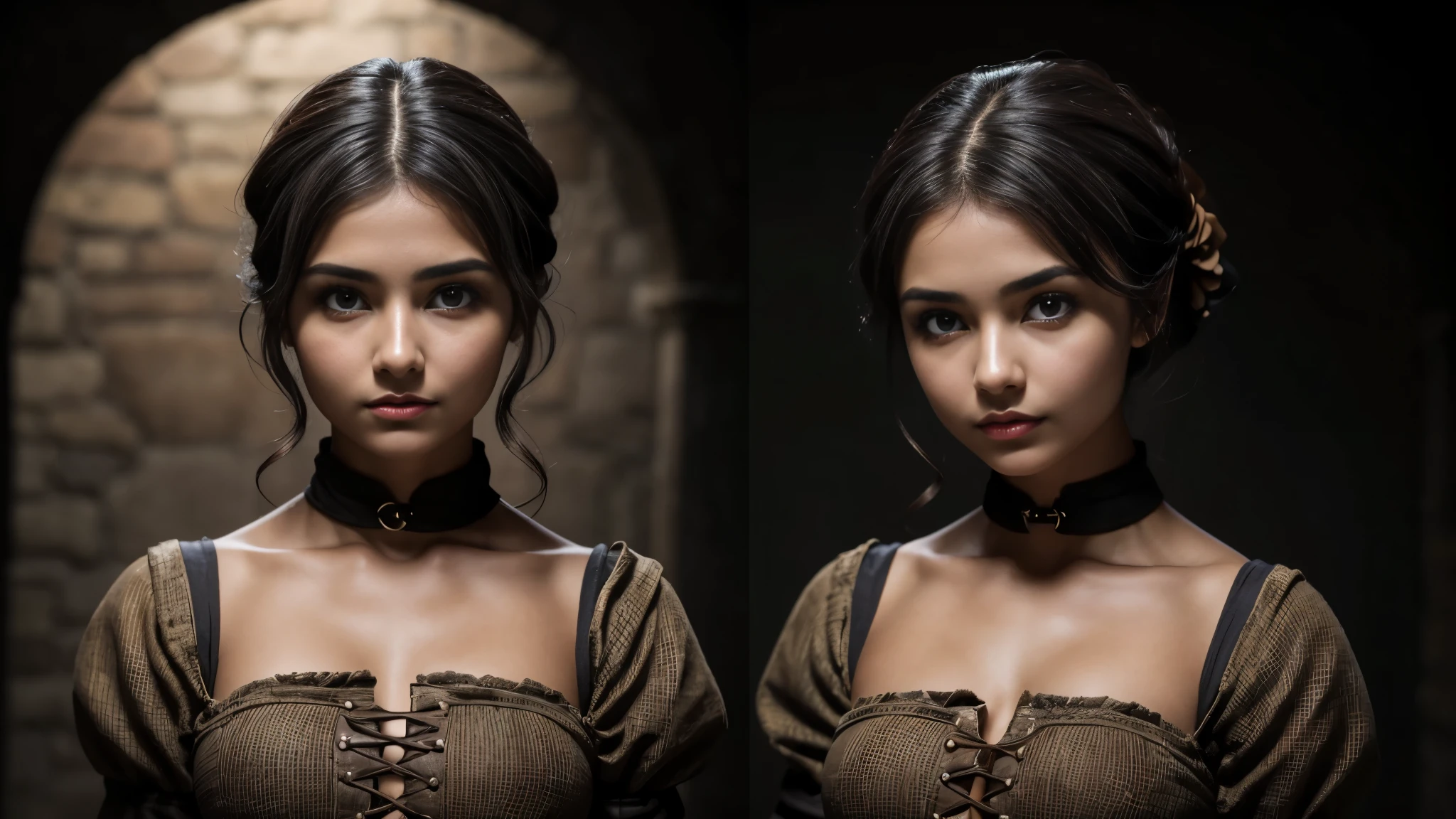 (Masterpiece), (Realistic), (best quality), (8K), ultra-detailed, UHD, RAW, (beautiful+attractive+symmetric+cute+very-cute+lovely)), cute_petite_22-years-woman, clean_tan_skin, round_face_shape, straight-short_black_hair, (small)_(arched)_eyebrows, brown_small-almond_upturned_broad_eyes, most-beautiful_beautiful_nose, big_circle_round_(round)_beautiful_feminine_cute_cheeks, beautiful_cheekbones, red_lips, rounded_beautiful_feminine_jaw, rounded_chin, beautiful_petite_feminine_body, slave, (slave woman), (slavegirl), (medieval slavegirl), medieval atmosphere, wearing distressed dress, scared_expression, (looking_at_viewer), (upper body), white backdrop