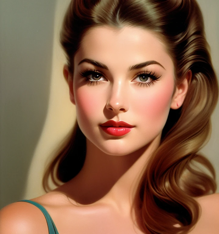 1970s,by Alberto Vargas,(Best quality, work of art), ultra-detailed and delicate portrait of a beautiful and timeless girl,noir woman, sultry eyes, closeup, style of Rolf Armstrong, light and shadow,charge of face,sexy face, beautifull nose, make different hair, make variations female noses,woman of UK