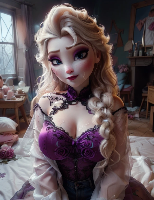 prendre la moitié des vêtements,(seins clairs:1.2), Elsa,chubby face,made up,Facial detail,rougir,purple eyeshadow, rose sur les cheveux,Haut du corps, background, regardant d'a quote,half-through shirt, peignoir, anniversaire cum,cum on face,facial