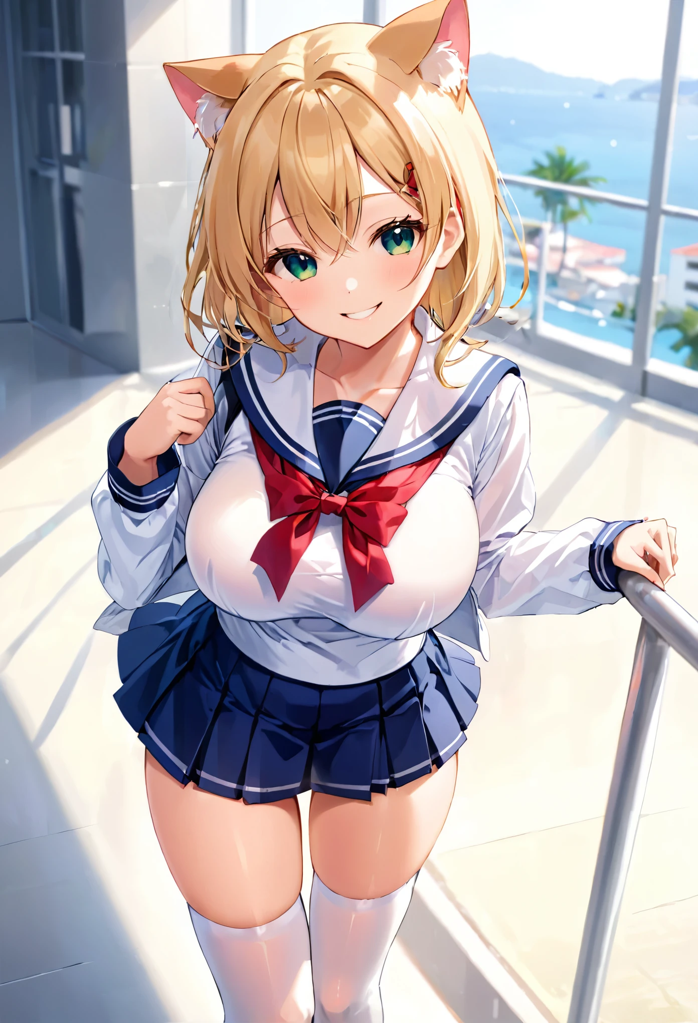 high quality　high school girl　Cat ear　School　Transparency　beautiful girl　　random pose　mikoto rose　　huge boobs　white sailor suit　　navy blue mini skirt　white knee highs　　beautiful skin　smile　Bob Cut Blonde Hair