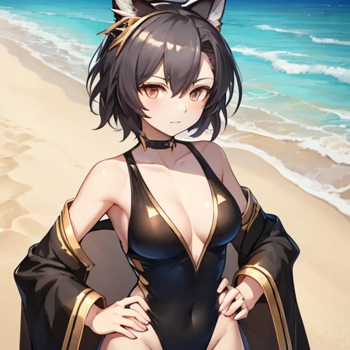 1girl, masterpiece, Penance from Arknights, beach, black one piece swimsuit with gold stripe on sides, full body shown, extremely skinny no fat, neutral face, looking at me, hands on hips